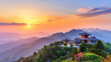 Experience a breathtaking view of a traditional Asian pagoda perched on a mountain, with vibrant colors of sunset illuminating the serene landscape.の素材