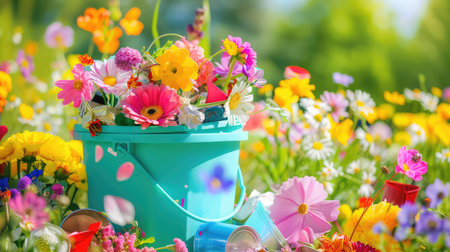 A bright teal bucket overflowing with colorful flowers sits amidst a vibrant garden, showcasing a delightful array of blooms under warm sunlight.の素材