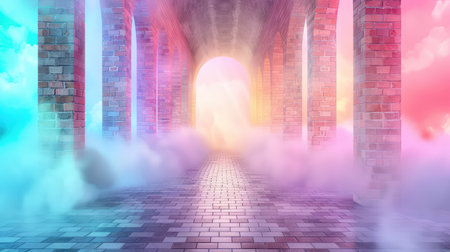 This stunning ethereal corridor features vibrant colors and mist, creating a surreal atmosphere perfect for imaginative concepts and artistic explorations.の素材