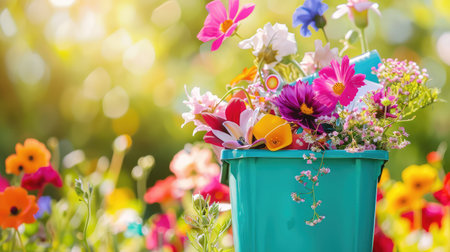 A vibrant blue bucket overflowing with an assortment of colorful flowers contrasts beautifully against a blooming garden backdrop, capturing the essence of spring.の素材