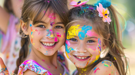 Two young girls with vibrant faces covered in colorful paint share a joyful moment while smiling at the camera during an outdoor activity filled with fun.の素材
