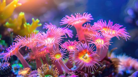 Stunning underwater scene showcasing a vibrant coral reef with colorful anemones and diverse marine life, highlighting the beauty of ocean ecosystems.の素材