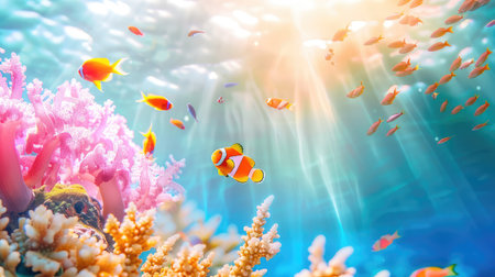 Explore a captivating underwater scene filled with colorful coral and vibrant tropical fish, illuminated by sunlight filtering through clear ocean water.の素材