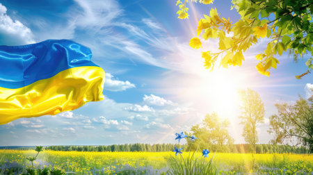 A stunning landscape featuring the Ukrainian flag waving proudly under a bright sun, surrounded by blooming flowers and lush greenery, symbolizing hope and beauty.の素材