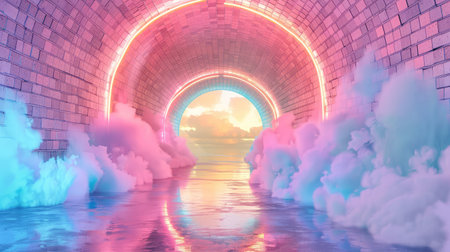 A stunning digital artwork showcasing an ethereal tunnel illuminated with vibrant neon lights and surrounded by colorful mist, reflecting beautifully on water.の素材