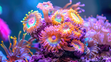 Explore a stunning underwater scene featuring vibrant coral and colorful anemones, illuminated by natural light, showcasing the beauty of marine ecosystems.の素材