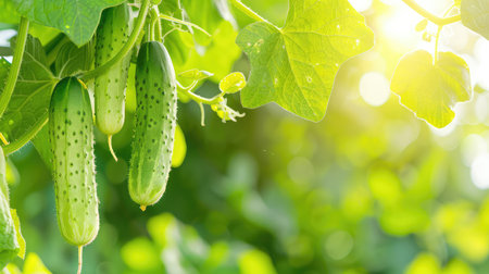 This image captures fresh green cucumbers hanging from vines in a sunlit garden, surrounded by lush green leaves, showcasing the beauty of nature and healthy living.の素材