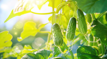 A close-up view of fresh cucumbers growing on a vine, surrounded by vibrant green leaves in a sunlit garden, showcasing the beauty of summer agriculture.の素材