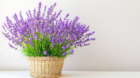 A beautiful arrangement of vibrant lavender flowers in a woven basket, perfect for enhancing home dの素材