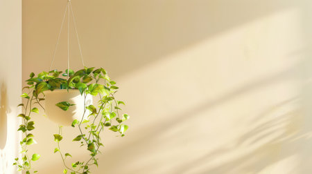 A stunning hanging potted plant showcasing vibrant green leaves creates a serene atmosphere against a softly lit wall, enhancing any indoor space.の素材