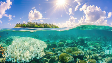 This stunning image captures a lively coral reef beneath clear water, illuminated by bright sunlight shining above. A tropical island rests in the background, surrounded by vibrant clouds, embodying a perfect aquatic paradise for nature lovers and explorers.の素材