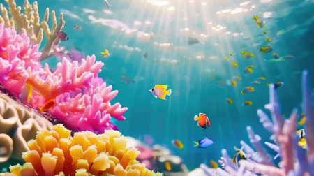 Explore a vibrant underwater scene showcasing a rich variety of colorful coral and tropical fish gliding through crystal-clear ocean water.の素材