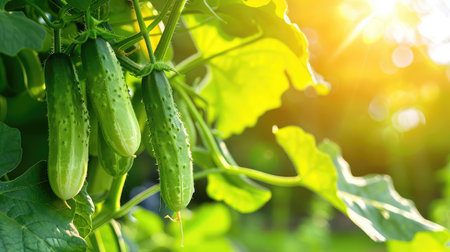 A close-up image of fresh cucumbers hanging on a vine surrounded by lush green leaves, illuminated by warm sunlight, perfect for nature and gardening themes.の素材