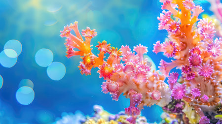 Explore the breathtaking beauty of a vibrant coral reef, featuring intricate pink and orange coral structures set against a stunning blue ocean backdrop.の素材