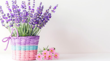 A beautiful arrangement of lavenders in a colorful basket alongside delicate pink flowers enhances any space with natural beauty and relaxation.の素材