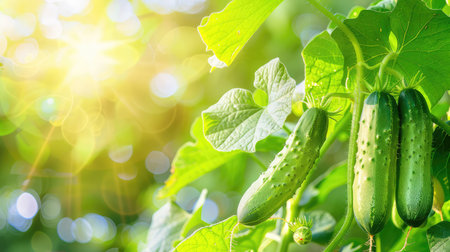 Lush green cucumbers hang from vines, illuminated by warm sunlight. This vibrant scene captures the essence of healthy living, showcasing agricultural beauty.の素材