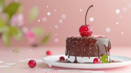 A visually stunning chocolate cake topped with a cherry, showcasing glossy frosting and vibrant sprinkles, perfect for celebrations and sweet occasions.の素材