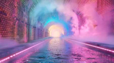 A stunning neon light tunnel filled with colorful smoke creates a dreamy urban scene. The vibrant reflections on the wet surface enhance the surreal atmosphere.の素材
