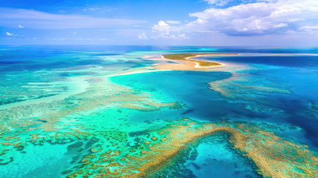 Experience the stunning beauty of a vibrant coral reef surrounded by clear turquoise waters and pristine sandy islands, perfect for nature lovers and travelers.の素材