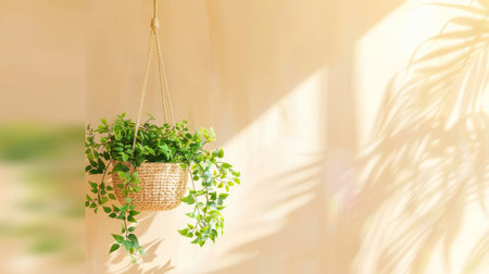 A beautiful hanging plant in a natural woven basket brings life and vibrancy to an indoor space with soft sunlight and gentle shadows creating a peaceful ambiance.の素材