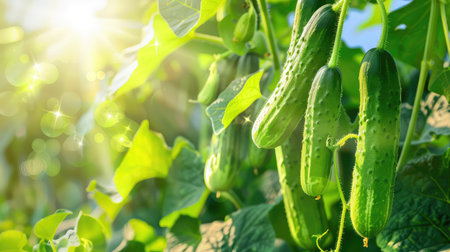 A beautiful scene featuring fresh cucumbers hanging on a vine in a vibrant garden, illuminated by soft sunlight streaming through green leaves, showcasing nature's bounty.の素材