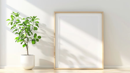 A serene interior scene featuring a blank wooden frame beside a healthy green plant in a pot. Natural light creates gentle shadows, enhancing the calm atmosphere.の素材