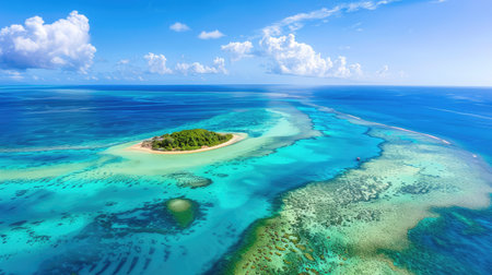 Stunning aerial view showcasing a picturesque tropical island surrounded by vibrant turquoise waters and pristine coral reefs under a clear blue sky.の素材