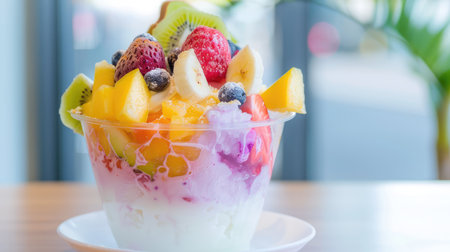 A vibrant and appetizing bowl of mixed fruits featuring strawberries, mango, kiwi, and banana atop creamy ice, perfect for refreshing snacks.の素材