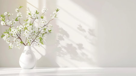 A beautifully arranged branch of white flowers in a sleek vase creates a serene atmosphere, casting soft shadows on a minimalistic wall, enhancing any interior space.の素材