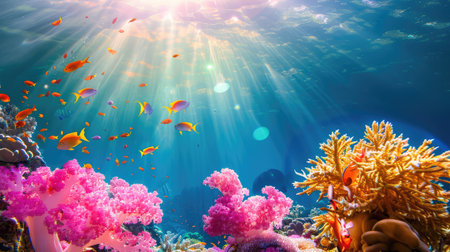 This stunning underwater scene captures the beauty of vibrant coral reefs teeming with colorful tropical fish, illuminated by gentle ocean rays.の素材