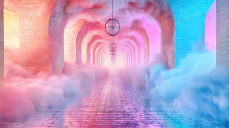 This stunning image features a vibrant corridor enveloped in soft fog, illuminated by colorful lighting, creating a dreamlike and ethereal atmosphere.の素材