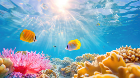 This stunning underwater scene features vibrant tropical fish swimming gracefully among colorful corals. Sunlight filters through the clear ocean water, illuminating the rich marine life. Perfect for nature lovers and explorers.の素材