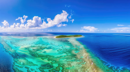 This stunning aerial view showcases a tropical island surrounded by a vibrant coral reef and crystal-clear waters under a blue sky. Perfect for travel themes.の素材