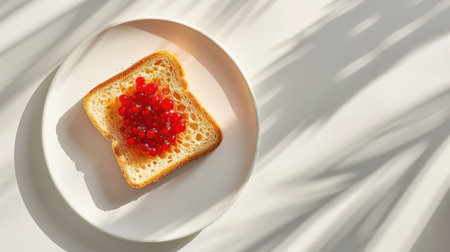 A beautifully styled slice of toast topped with rich red caviar, presented on a minimalist white plate. Soft natural light casts elegant shadows, enhancing the visual appeal. Ideal for food photography or culinary presentations.の素材
