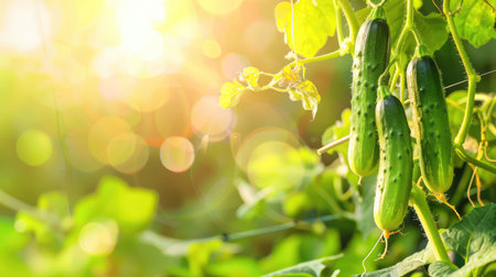 Fresh cucumbers hang from a vine in a sunlit garden, surrounded by vibrant green foliage. This image captures the essence of growth and healthy living.の素材