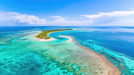 Experience the breathtaking beauty of a tropical island from above, with stunning turquoise waters, vibrant coral reefs, and a clear blue sky.の素材