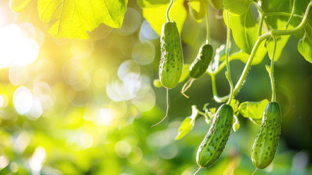 Lush green cucumbers hang gracefully from their plants, glistening in the gentle sunlight. The vibrant garden setting showcases nature's bounty with a bokeh effect.の素材