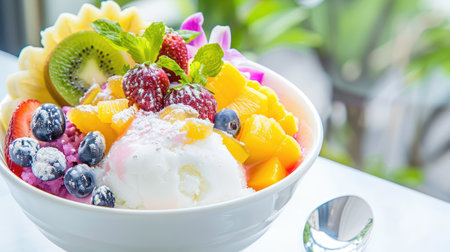 This vibrant bowl of fruit salad features an array of fresh fruits and creamy ice cream, beautifully garnished with mint leaves, perfect for summer days.の素材