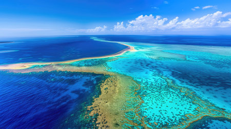 Experience a stunning aerial perspective showcasing a vibrant blue ocean intertwined with coral reefs and sandy beaches under a bright sky.の素材