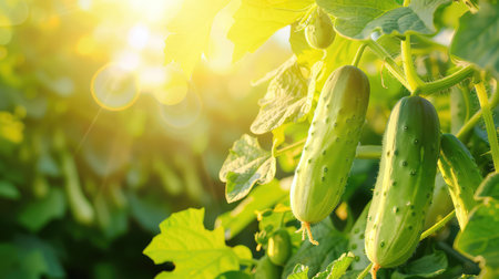 A close-up view of fresh cucumbers growing on vines bathed in sunlight, showcasing the vibrant green color and lush foliage in a serene garden setting.の素材