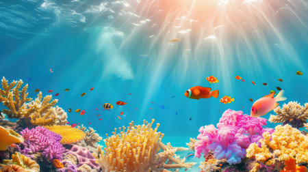 This stunning underwater scene showcases a vibrant coral reef teeming with diverse tropical fish, illuminated by soft rays of sunlight. It captures the beauty and tranquility of marine life in its natural habitat.の素材