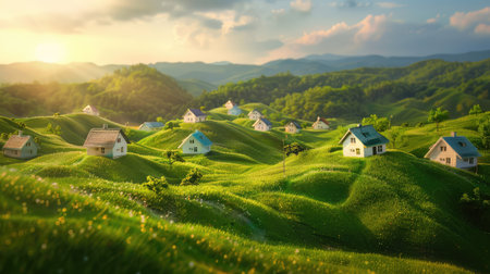 Discover a serene landscape featuring rolling green hills dotted with charming houses, bathed in soft sunlight during a stunning sunset, perfect for nature lovers.の素材