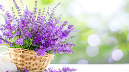 A beautiful arrangement of fresh lavender flowers in a woven basket, set against a softly blurred background, perfect for decoration and relaxation.の素材