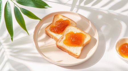 This image captures two slices of toasted bread topped with sweet orange jam, elegantly presented on a light plate with green leaves in natural light.の素材