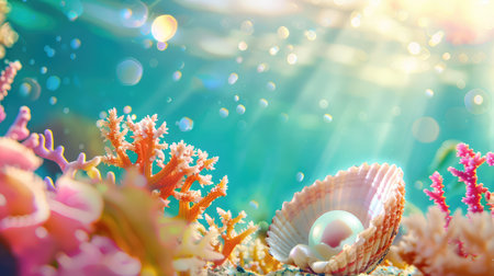 A vivid underwater scene showcasing colorful coral reefs, an open shell with a pearl, and rays of sunlight filtering through the water, creating a tranquil ambiance.の素材