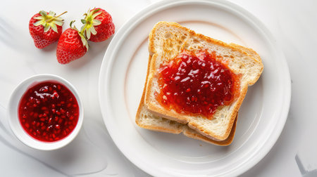 A tempting slice of toast generously topped with strawberry jam, accompanied by fresh strawberries, perfect for a delightful breakfast or snack.の素材