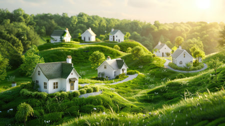 Explore a captivating landscape featuring charming houses dotting gentle hills, enveloped by vibrant greenery and illuminated by soft sunlight for a tranquil atmosphere.の素材