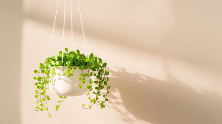A serene hanging plant in a sleek white pot, featuring lush green leaves, creates a calming atmosphere against a soft neutral wall.の素材