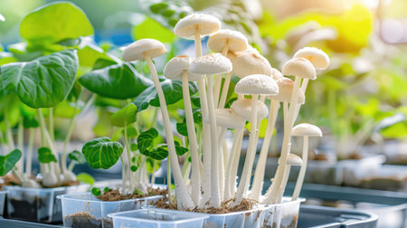 A vibrant scene showcasing fresh white mushrooms growing in seedling pots, surrounded by lush green leaves, illuminated by natural sunlight.の素材