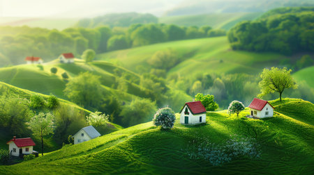 A picturesque view showcases charming houses set against rolling green hills, surrounded by lush trees and wildflowers, evoking peace and serenity.の素材